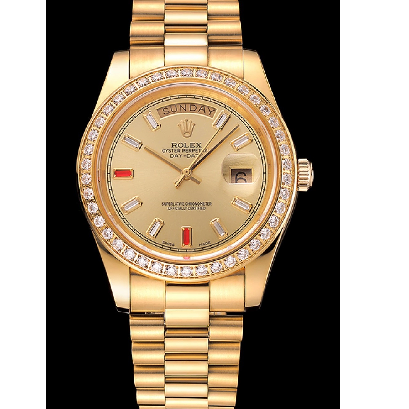 Aaa replica watch Swiss 1454100 And Champagne Bracelet Diamonds Dial Rubies Rolex Day-Date Gold 0709